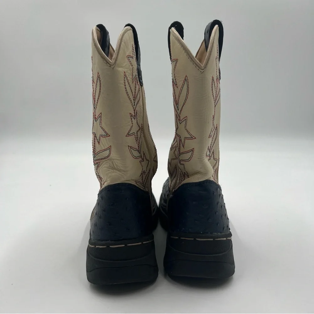 Cimarron Footwear Kids Western Cowboy Boots Navy‎ Ostrich Star Embroidery 3.5Y